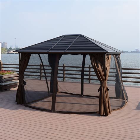 Outsunny 12x10ft Deluxe Steel Hardtop Patio Gazebo Garden Sun Shelter With Aluminum Frame Heavy