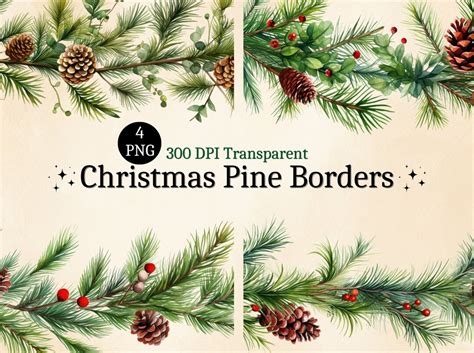 4 PNG Watercolor Christmas Pine Border Clipart, Winter Pine Borders ...