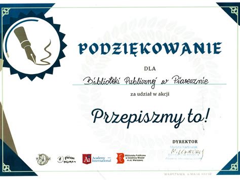 Podziękowanie za udział w akcji Przepiszmy to Biblioteka Publiczna