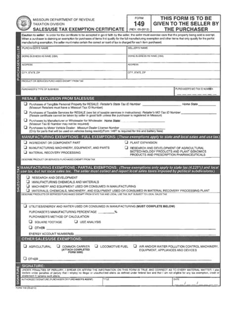 Missouri Department Of Revenue Form Form 149 Salesuse Tax