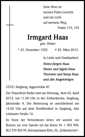 Traueranzeigen Von Irmgard Haas Wirtrauern