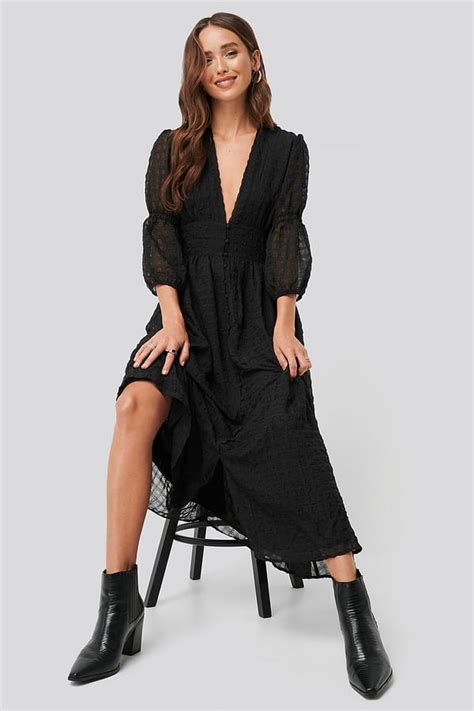 V Shape Flowy Puff Sleeve Dress Black Na Kd