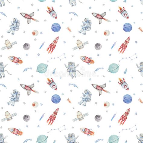 Watercolor Illustration Seamless Pattern From Hand Painted Spacemen