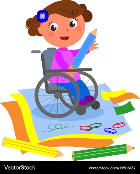 Happy Disabled Girl Drawing With Big Crayon Vector Image