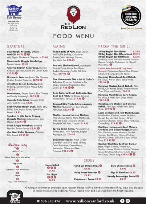 Food And Drink Menus At The Red Lion The Red Lion Cranford