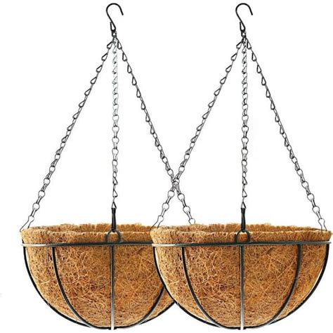 14 In Brown Round Metal Hanging Basket Planter With Coco Fiber Liners 2 Pack Nyycqf1 The