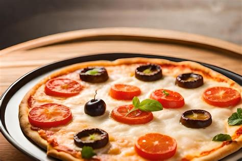 Una Pizza Con Aceitunas Y Tomates En Un Plato Foto Premium