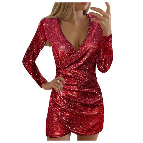 Kunaik Women Fashion Sexy Sequins V Neck Long Sleeve Self Cultivation Dresses Slim Elegant