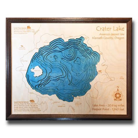 Crater Lake Nautical Decor Framed Wooden Map 8 X 10