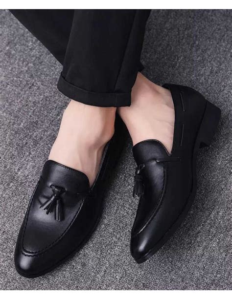 Black Tassel Leather Slip On Dress Shoe Simple Plain Black Shoes Men