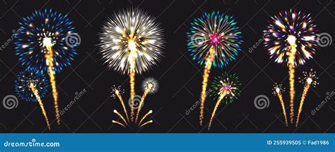 Realistic Fireworks Set In Different Sizes Shapes And Colors