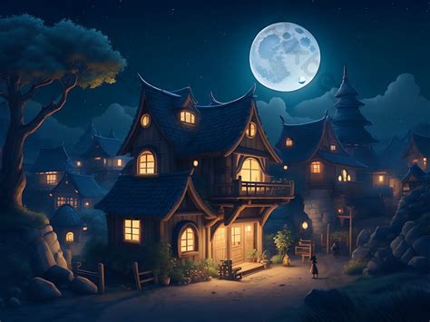 A Moon Night Village View Illustration Backgrounds | JPG Free Download ...