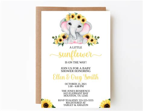 Invitación editable para baby shower Girasol Elefante Etsy