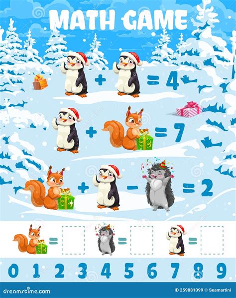 Cartoon Funny Christmas Animals, Gifts, Math Game Stock Vector - Illustration of count, squirrel ...