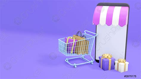 Shopping Online On Mobile Phone In Purple Background 3D Illustration