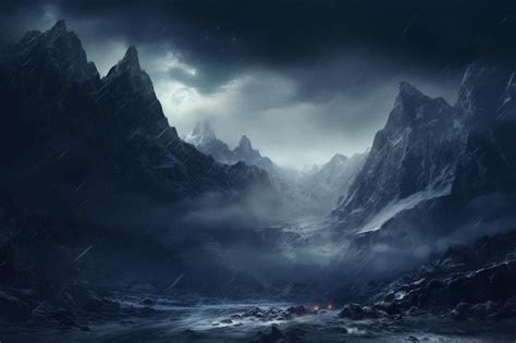 Premium Photo | Fantasy dark snowy mountain snow storm