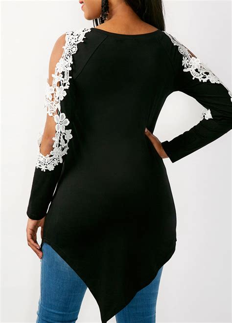 Asymmetric Hem Lace Panel Black Blouse Fashion Design Store