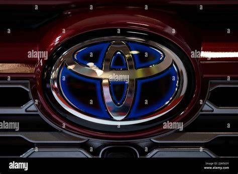 Sofia, Bulgaria - 3 June, 2022: Close-up of Toyota logo is seen on a ...