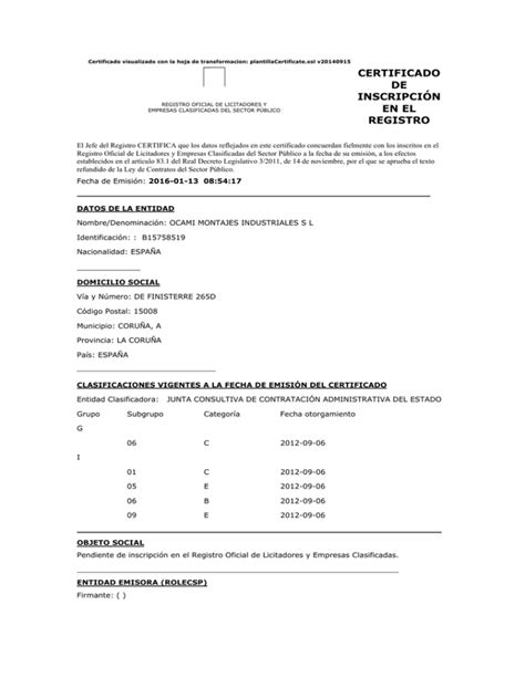 CERTIFICADO DE INSCRIPCIÓN EN EL REGISTRO