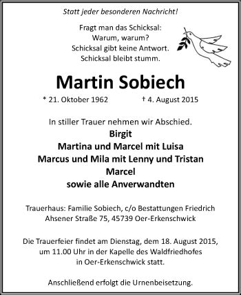 Traueranzeigen Von Martin Sobiech Sich Erinnern De