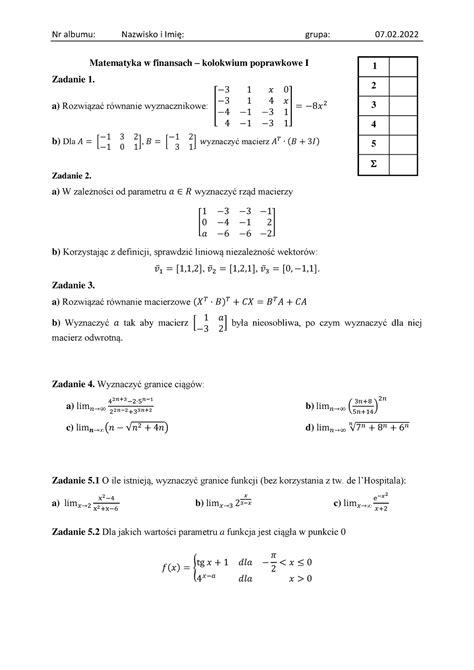 Kolokwium Fir Matematyka Orzeszko Nr Albumu Nazwisko I Imi Grupa