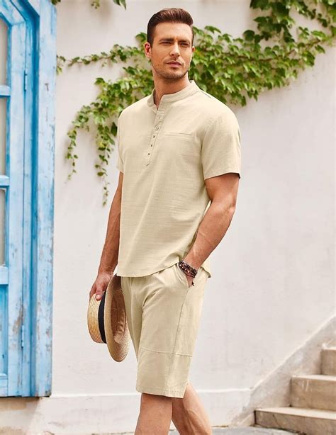 Coofandy Men S Piece Linen Set Short Sleeve Henley Shirts And Shorts