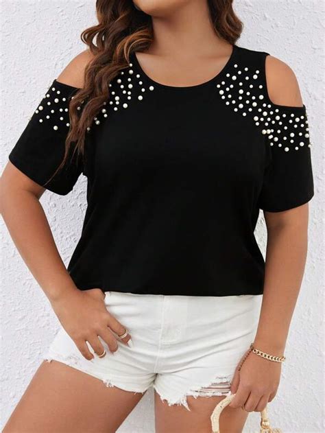 Shein Lune Plus Pearls Beaded Cold Shoulder Tee Shein Usa