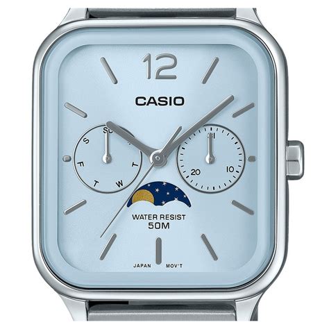 Casio Standard Analog Moon Phase Stainless Steel Baby Blue Dial Quartz