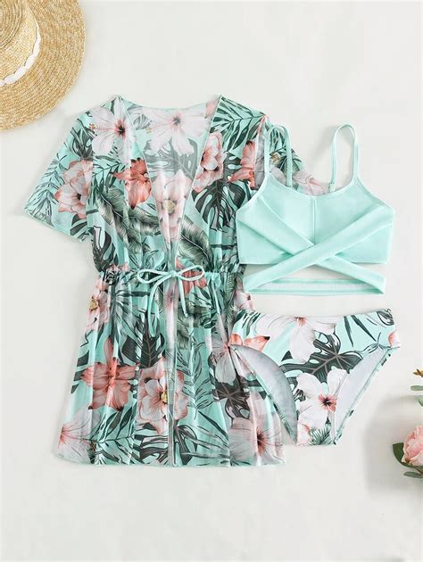 Conjunto De Bikini Con Estampado Tropical Y Cruzado Para Ni A