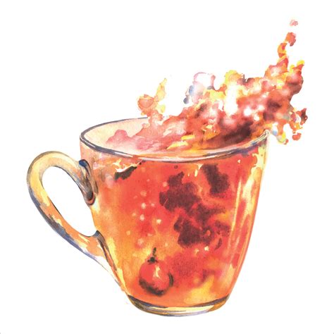 Watercolor illustration of black tea cup with tea splashes and drops ...