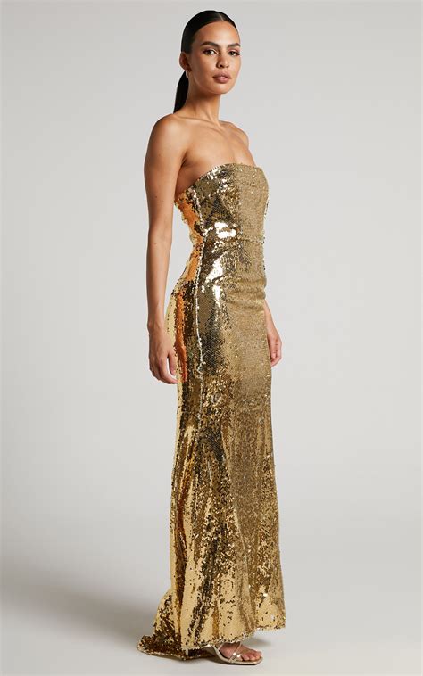 Cheena Maxi Dress Strapless Sequin Dress In Goldsilver Showpo