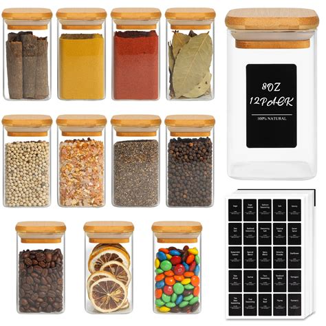 Comsaf Glass Spice Jars Bamboo Lids 8 Oz Set Of 12 Pantry Storage