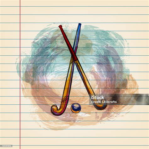 Hockey Stick And Ball Drawing On Ruled Paper Stock Illustration