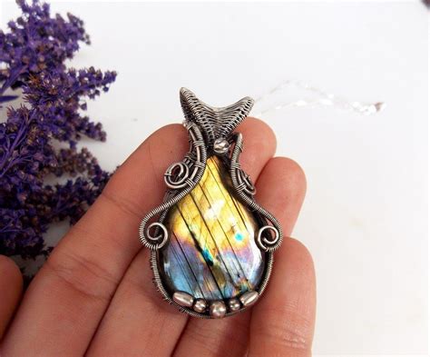 Gold And Purple Labradorite Pendant Wire Wrapped Jewelry Silver