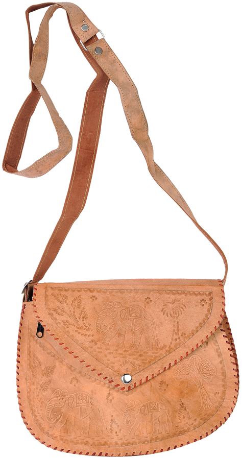 Fawn Leather Handbag From Jodhpur With Etched Elephants Exotic India Art