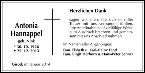 Traueranzeigen Von Antonia Hannappel Rz Trauer De