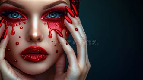 Stunning Model with Red Paint Drips, Glossy Lips, and Metallic Makeup ...