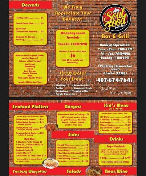 Menu Of Soul Food Fantasy In Orlando Fl 32805