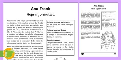 Hoja Informativa Ana Frank Teacher Made Twinkl