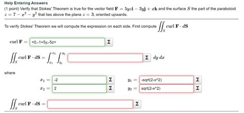 Solved Help Entering Answers 1 Point Verify That Stokes