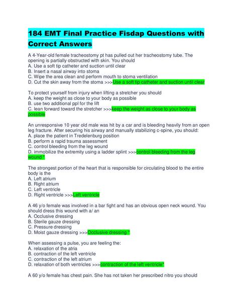 Emt Final Practice Fisdap Questions With Correct Answers Rated A