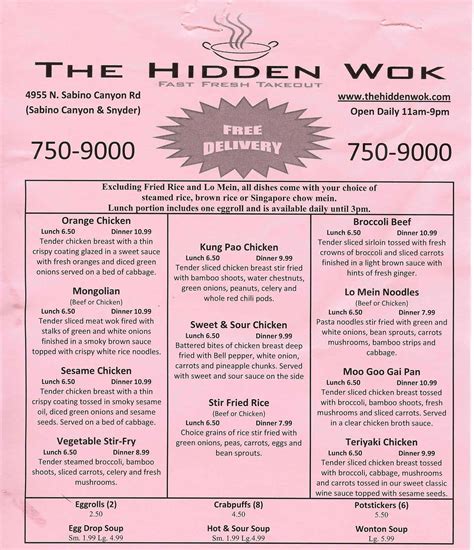 Menu at The Hidden Wok restaurant, Tucson
