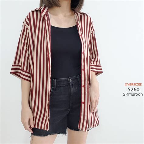 Jual ARENA Kemeja Rayon Wanita Oversize Motif Salur Jumbo Big Size