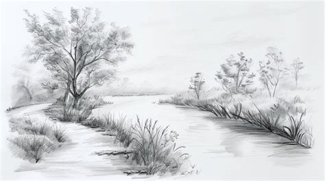 Premium Photo | A pencil drawing of a landscape with a river trees and grasses