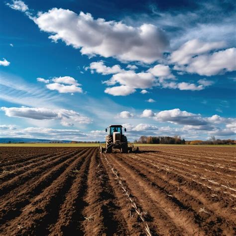 Um fazendeiro em um trator cultivando o solo em um grande campo céu