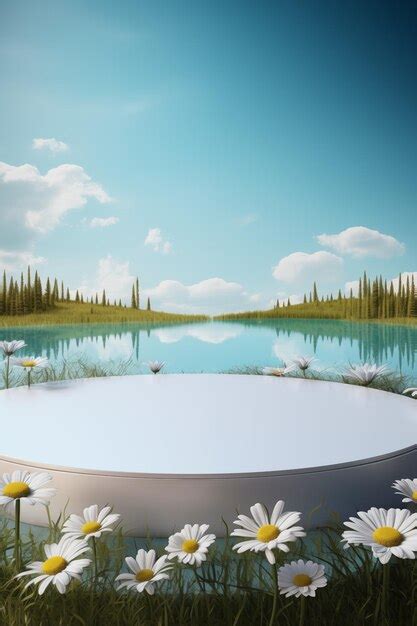 Premium Photo Serene Lakeside Daisy Display With Blue Sky Backdrop