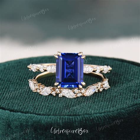 Emerald Cut Sapphire Engagement Ring Set Vintage Lab Blue Sapphire Ring