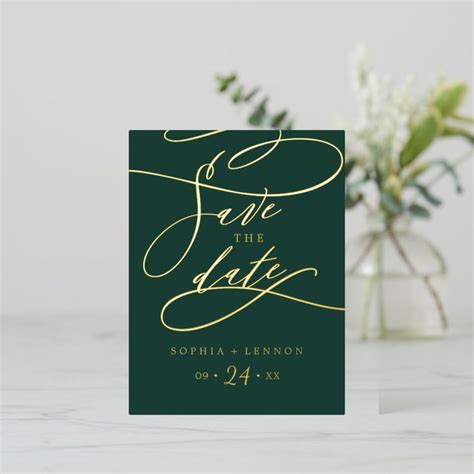 Romantic Gold Foil And Emerald Green Save The Date Foil Invitation