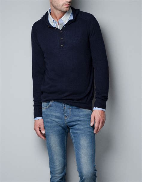 Zara Hooded Jumper With Elbow Patches In Blue For Men Navy Lyst