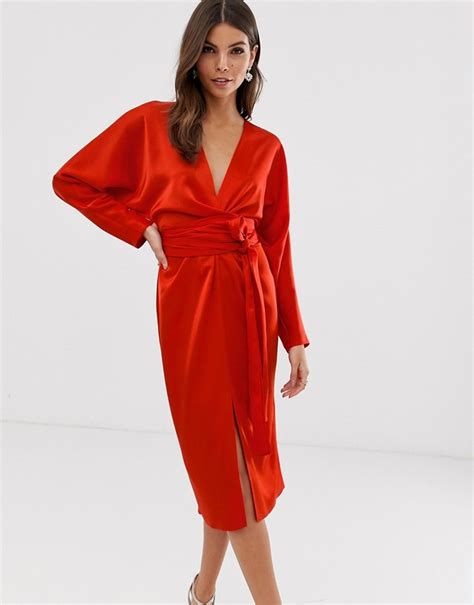 Asos Design Midi Dress With Batwing Sleeve And Wrap Waist In Satin